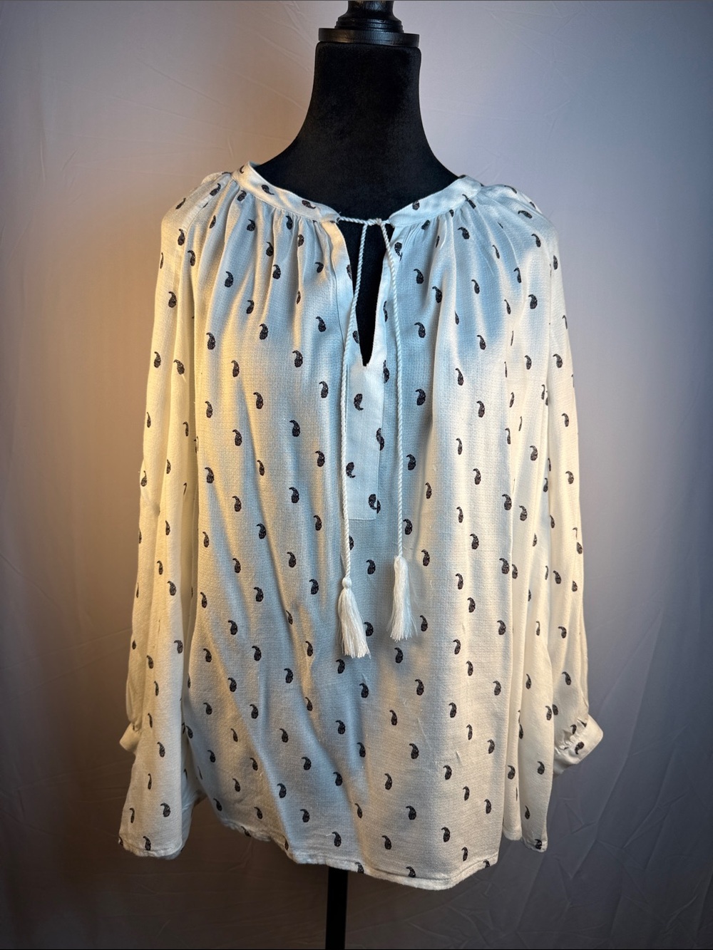 Lucky Brand White Tassel Peasant Blouse with Black Paisley